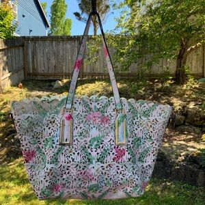 Aldo Casnovia Floral Tote Bag Purse Flowers Gold Pink Cutout Lace shimmer flower